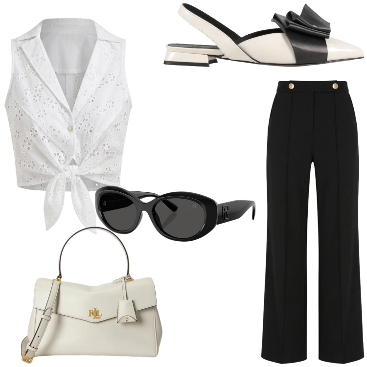 Outfit donna - Look di carattere. Stile Chic per Tutti i giorni. Abbinamento con ballerine, top, pantaloni, occhiali da sole, borse a mano.