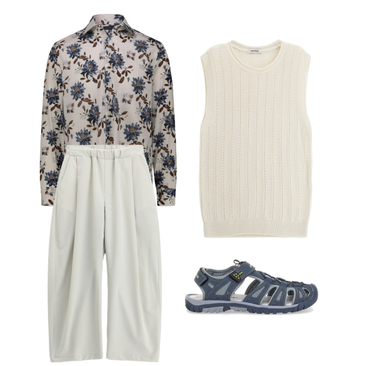Outfit uomo - Eleganza Naturale. Stile Urban per Serata speciale. Abbinamento con maglieria, pantaloni a palazzo, camicie, sandali.
