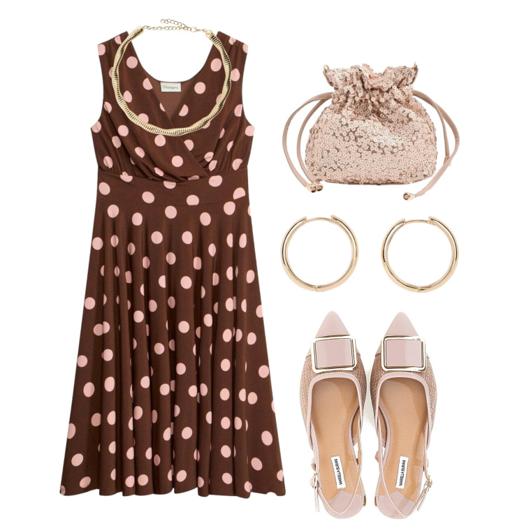Outfit donna - Serata retrò mood anni ‘50. Stile Vintage retrò per Serata fuori. Abbinamento con vestiti, orecchini, pochette, collane, sandali.
