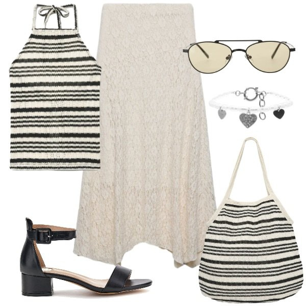 Outfit donna - Total look #2414644. Abbinamento con shopping bag, gonne lunghe, canottiere, occhiali da sole, braccialetti, sandali col tacco.