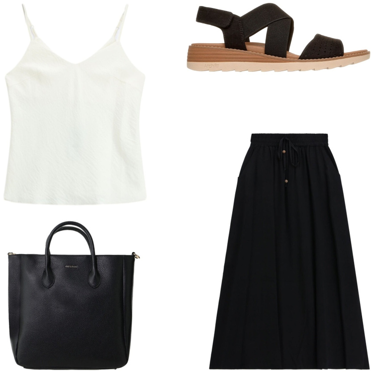 Outfit donna - In vacanza. Stile Chic per Tutti i giorni. Abbinamento con gonne lunghe, canottiere, borse a tracolla, sandali.