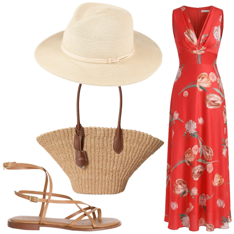 Outfit donna - Lungomare. Stile Boho per Serata fuori. Abbinamento con cappelli, vestiti lunghi, sandali in pelle, borse tote.