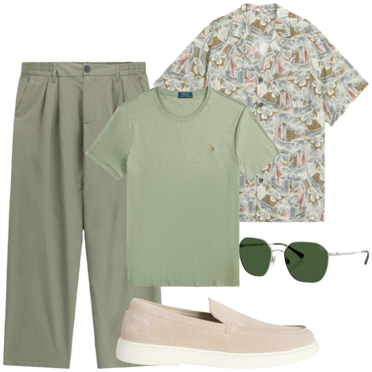 Outfit uomo - Leggerezza e comodità. Stile Trendy per Tutti i giorni. Abbinamento con pantaloni, camicie a manica corta, scarpe stringate, t-shirt, occhiali da sole.
