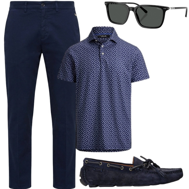 Outfit uomo - Il blu delle notti estive. Stile Trendy per Serata speciale. Abbinamento con pantaloni chino, scarpe stringate, polo, occhiali da sole.