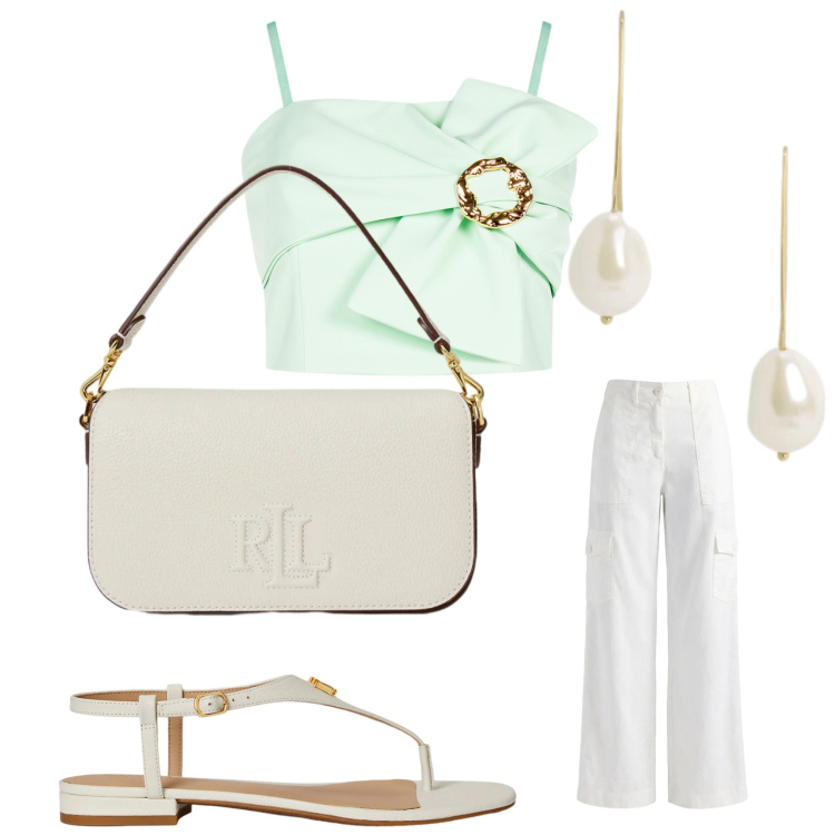 Outfit donna - Soffice. Stile Chic per Serata fuori. Abbinamento con top, pantaloni cargo, sandali in pelle, orecchini, borse a spalla.