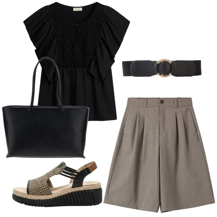 Outfit donna - Total look #2414651. Stile Bon Ton per Ufficio. Abbinamento con sandali, cinture, t-shirt, bermuda, borse a spalla.