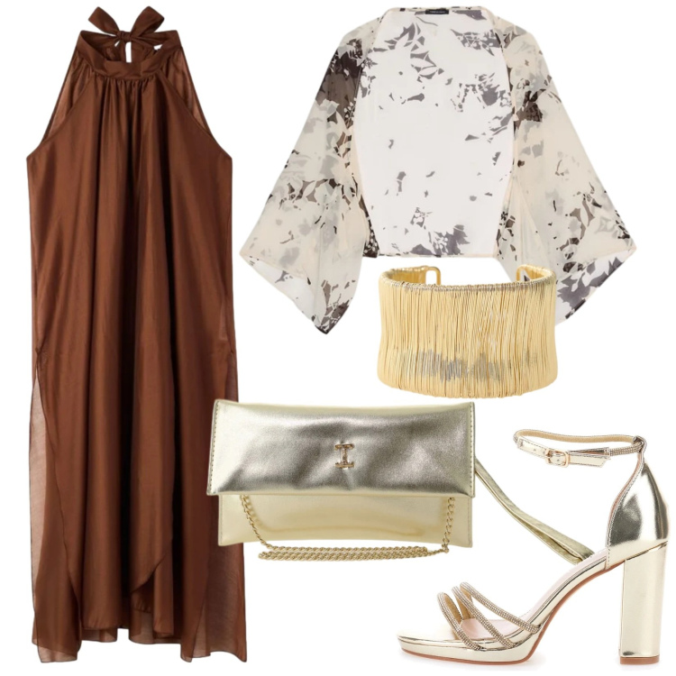 Outfit donna - Total look #2414652. Stile Etnico per Serata fuori. Abbinamento con vestiti lunghi, borse a tracolla, braccialetti, blazer, sandali col tacco.