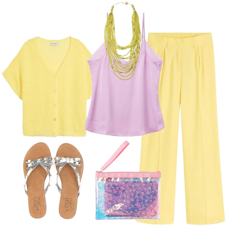Outfit donna - Total look #2414653. Stile Casual chic per Tutti i giorni. Abbinamento con pantaloni a palazzo, cardigans, canottiere, pochette, collane, infradito.