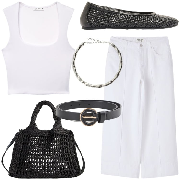 Outfit donna - effortless look. Stile Casual chic per Tutti i giorni. Abbinamento con ballerine, borse a tracolla, pantaloni, cinture, top, collane.