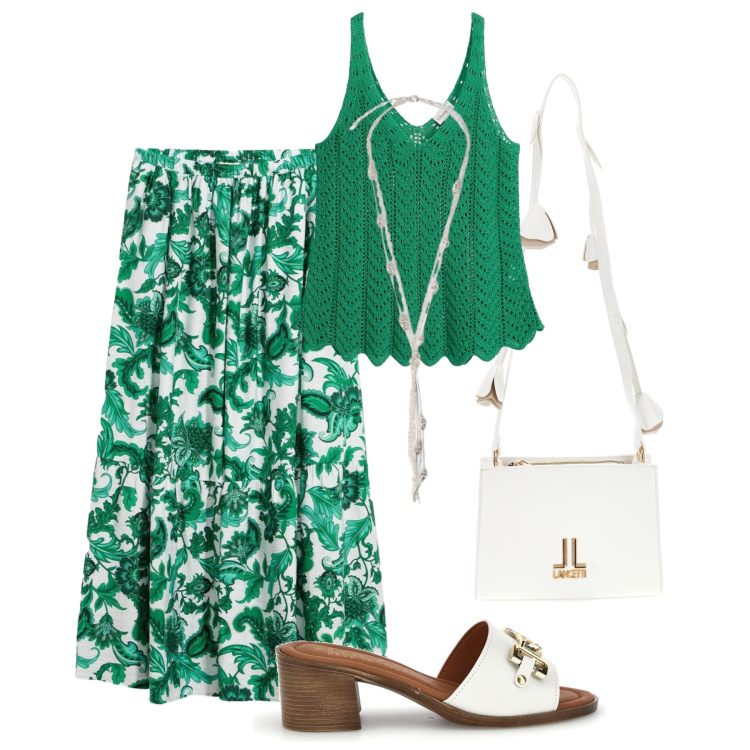 Outfit donna - Luminosa in verde. Stile Trendy per Tutti i giorni. Abbinamento con canottiere, gonne lunghe, collane, sandali col tacco, borse a tracolla.