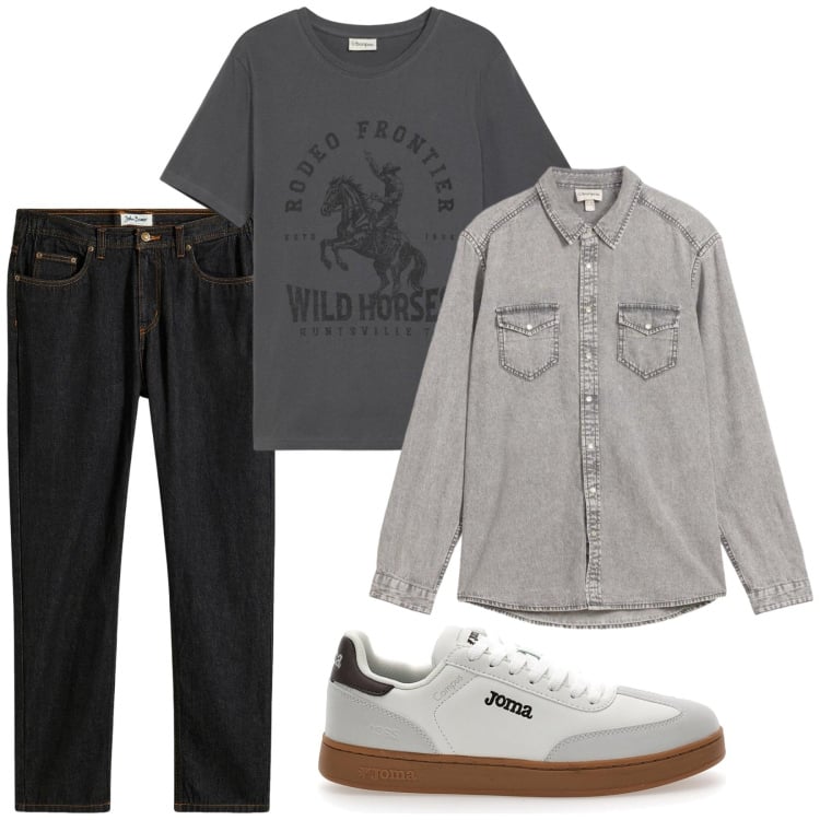 Outfit uomo - Camicia di jeans. Stile Casual per Tutti i giorni. Abbinamento con jeans dritti, camicie, t-shirt, sneakers.