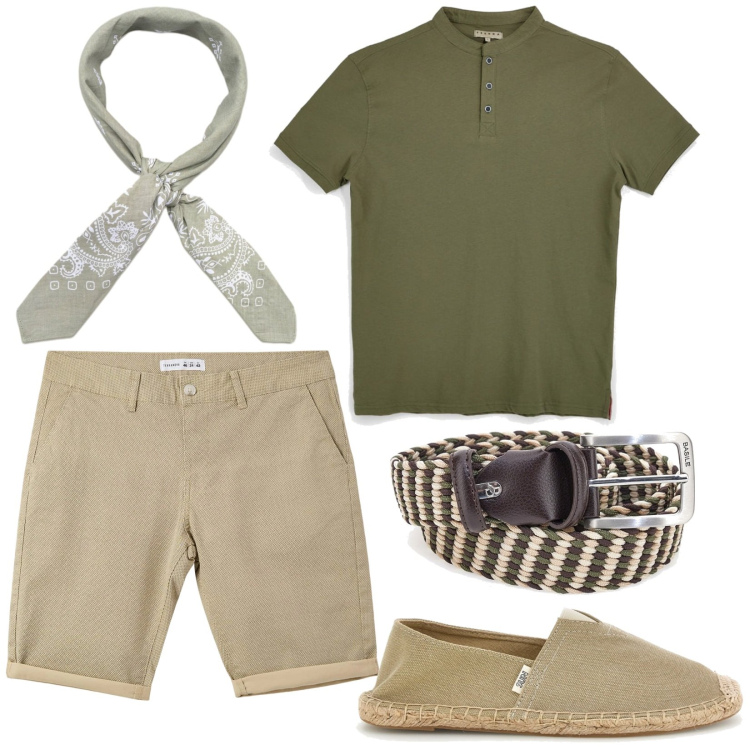 Outfit uomo - Total look #2414666. Stile Casual per Mare. Abbinamento con pantaloni corti, sciarpe e foulard, cinture, t-shirt, espadrillas.