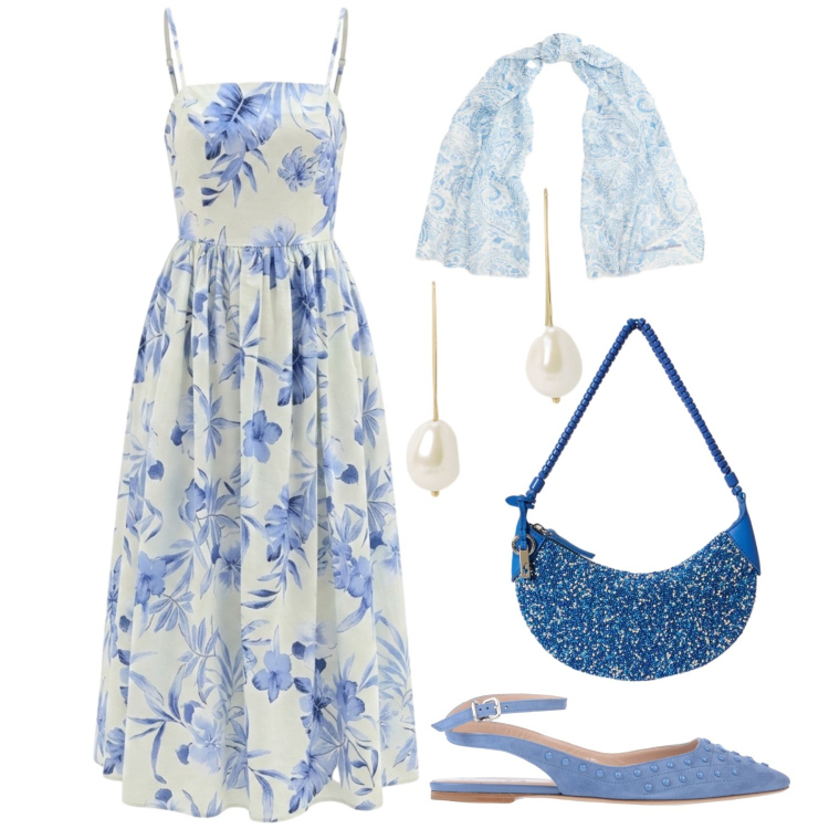 Outfit donna - Sere d’estate. Stile Glamour per Serata fuori. Abbinamento con ballerine, vestiti midi/longuette, borse a spalla, foulard, orecchini.