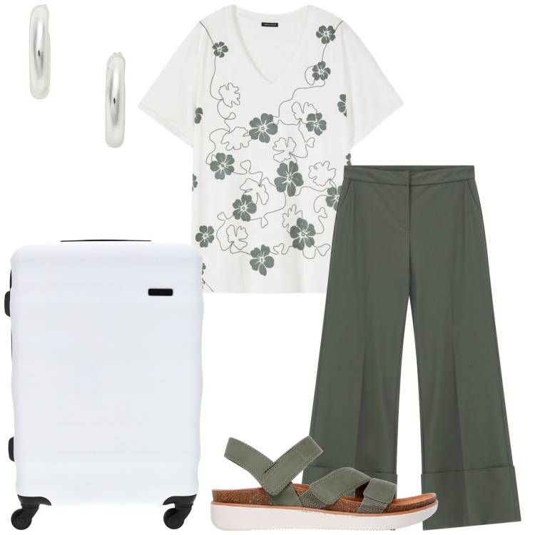Outfit donna - Total look #2414675. Stile Casual chic per Tutti i giorni. Abbinamento con pantaloni a palazzo, t-shirt, orecchini, sandali, valigie.