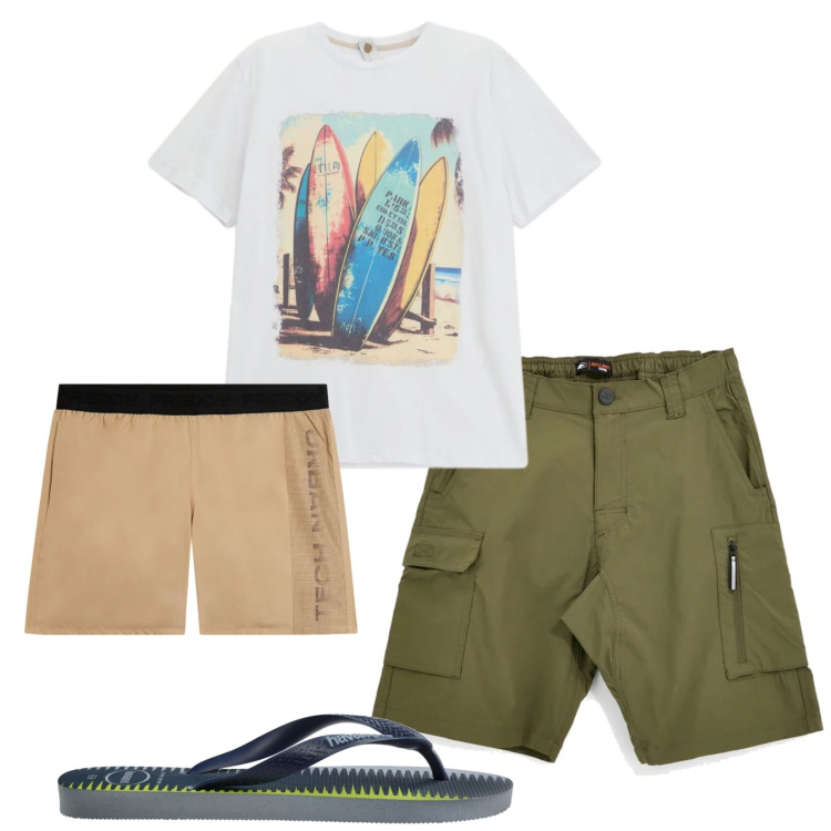 Outfit uomo - Total look #2414676. Stile Casual per Mare. Abbinamento con t-shirt, costumi, sandali, bermuda.