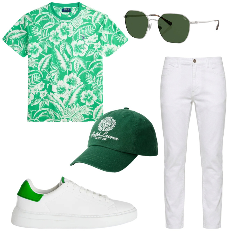 Outfit uomo - Total look #2414679. Stile Trendy per Tutti i giorni. Abbinamento con sneakers, jeans, cappelli con visiera, t-shirt, occhiali da sole.