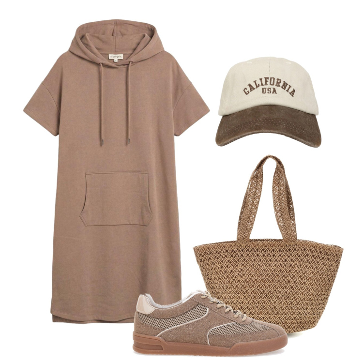 Outfit donna - Mattino al mercato. Stile Casual per Tutti i giorni. Abbinamento con vestiti, cappelli con visiera, borse a spalla, sneakers.