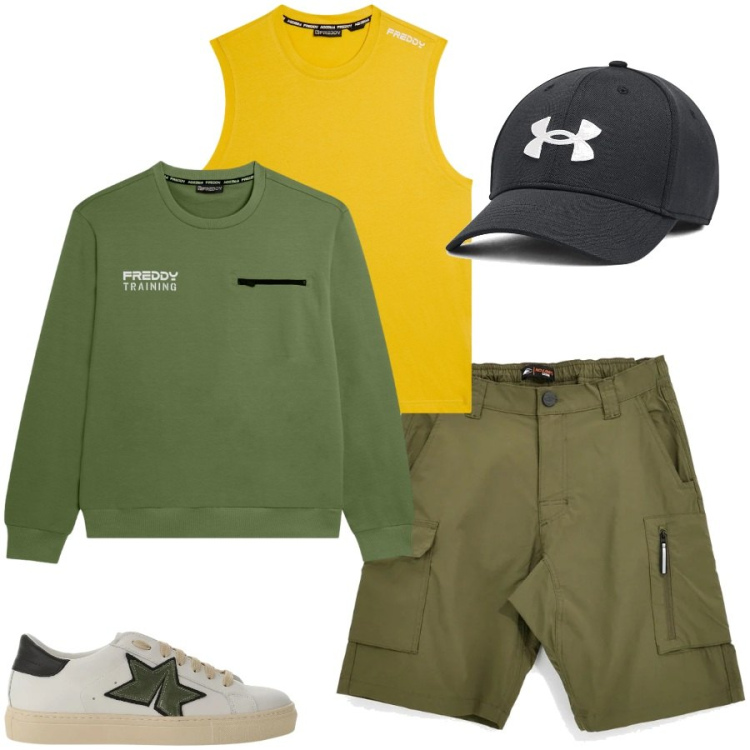 Outfit uomo - Total look #2414687. Stile Casual per Tutti i giorni. Abbinamento con sneakers, felpe, canottiere, cappelli, bermuda.