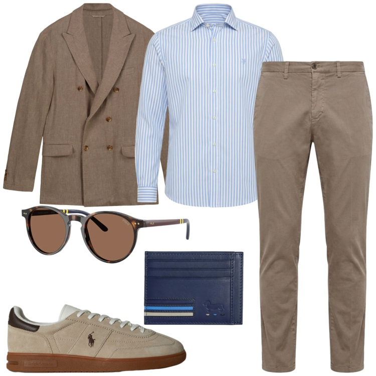 Outfit uomo - Total look #2414688. Stile Business/Elegante per Ufficio. Abbinamento con portafogli, camicie, pantaloni chino, giacche, occhiali da sole, sneakers.