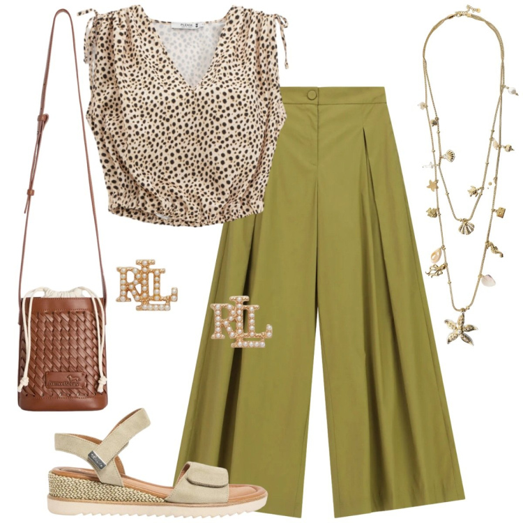 Outfit donna - Sera d\'estate. Stile Minimal per Tutti i giorni. Abbinamento con sandali, pantaloni a palazzo, collane, borse a secchiello, top, orecchini.