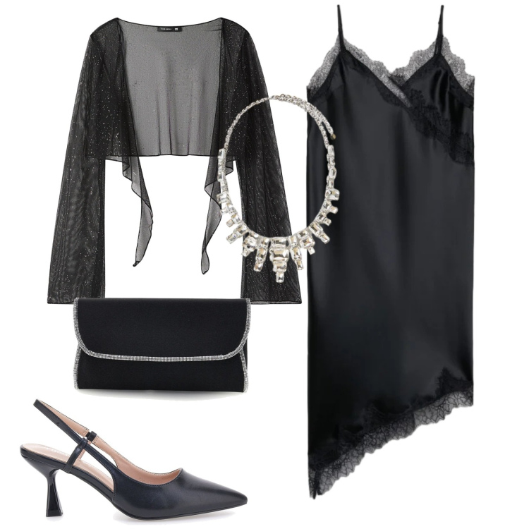 Outfit donna - Total look #2414693. Stile Glamour per Serata fuori. Abbinamento con blazer, vestiti asimmetrici, collane, décolleté, pochette.