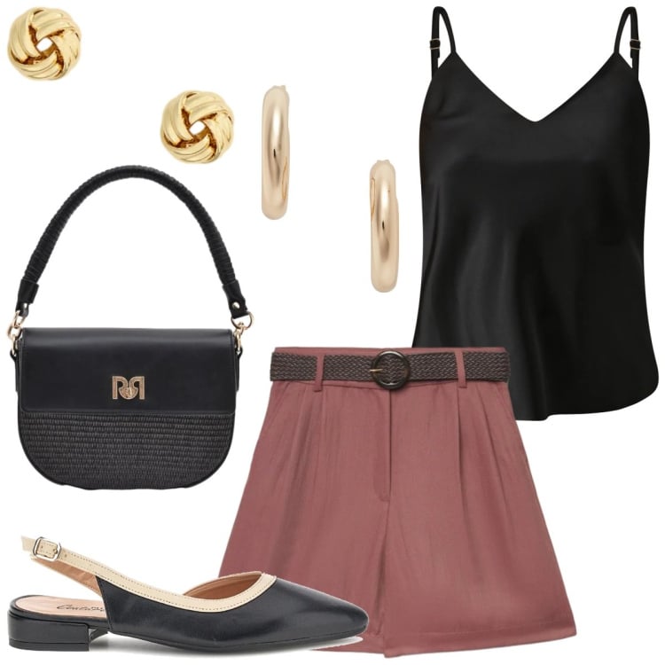 Outfit donna - Una serata in pizzeria. Stile Glamour per Tutti i giorni. Abbinamento con bermuda, top, borse a spalla, orecchini, orecchini, sandali.