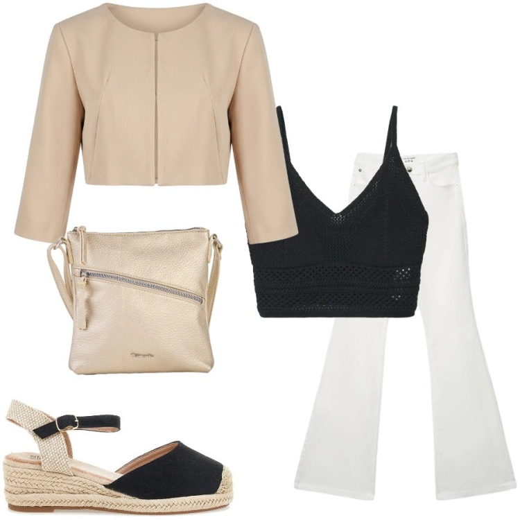 Outfit donna - Total look #2414698. Stile Casual chic per Tutti i giorni. Abbinamento con borse a tracolla, jeans a zampa, top, bolero, zeppe.