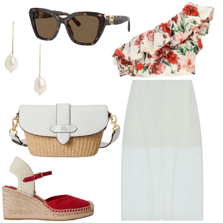 Outfit donna - VINTAGE d\'altri tempi. Stile Vintage retrò per Tutti i giorni. Abbinamento con gonne longuette, top, occhiali da sole, borse a spalla, zeppe, orecchini.
