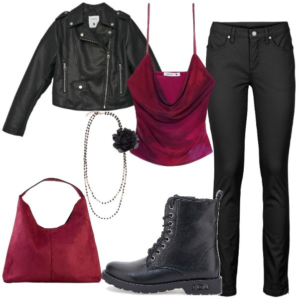 Outfit donna - Total look #2414703. Abbinamento con jeans skinny, borse a spalla, giacche, top, collane, anfibi.