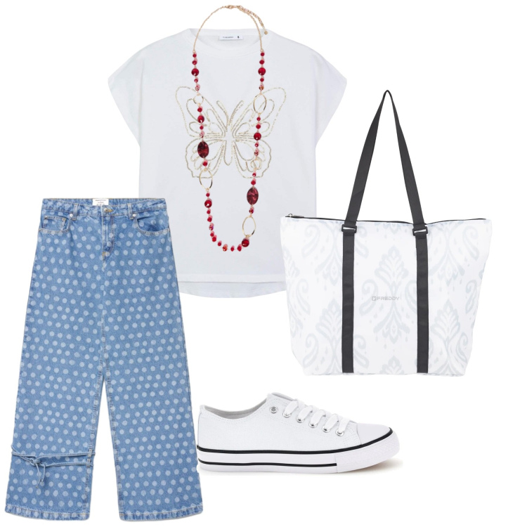 Outfit donna - Total look #2414707. Stile Casual per Tutti i giorni. Abbinamento con t-shirt, jeans dritti, shopping bag, collane, sneakers.