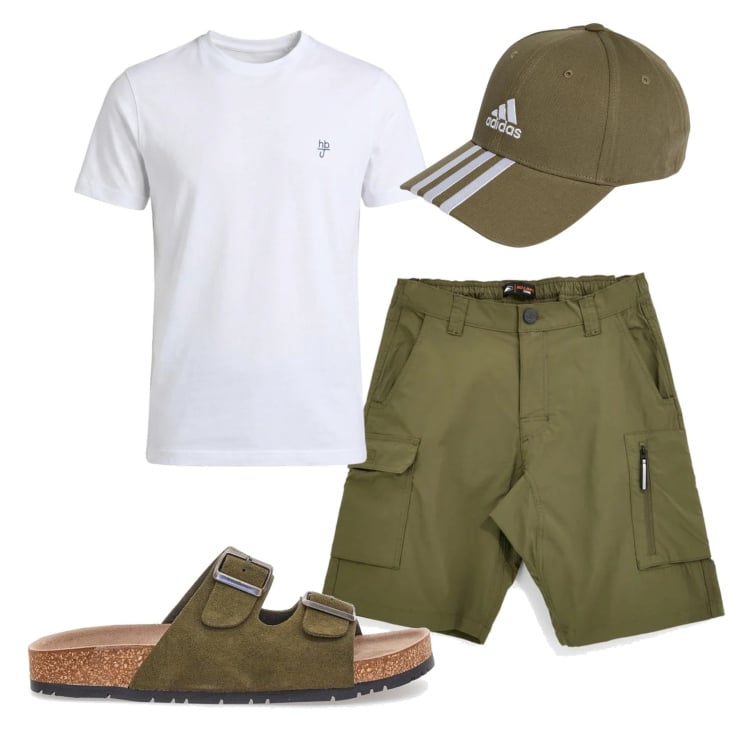 Outfit uomo - Total look #2414709. Stile Urban per Tutti i giorni. Abbinamento con t-shirt, cappelli con visiera, bermuda, sandali.