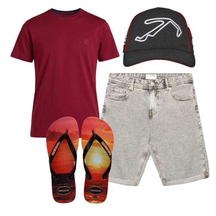 Outfit uomo - Total look #2414710. Stile Casual per Tutti i giorni. Abbinamento con cappelli con visiera, shorts, t-shirt, sandali.