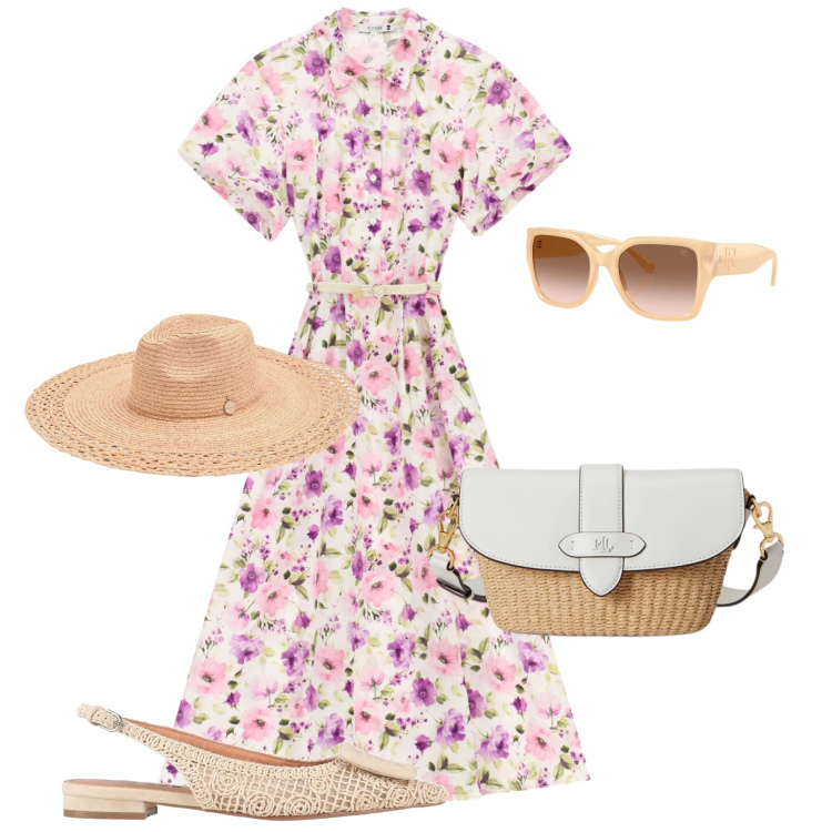 Outfit donna - Estate vintage. Stile Vintage retrò per Tutti i giorni. Abbinamento con ballerine, cappelli, vestiti midi/longuette, occhiali da sole, borse a spalla.