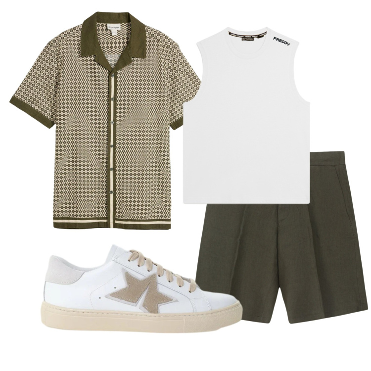 Outfit uomo - Total look #2414719. Stile Urban per Tutti i giorni. Abbinamento con camicie a manica corta, sneakers, canottiere, bermuda.