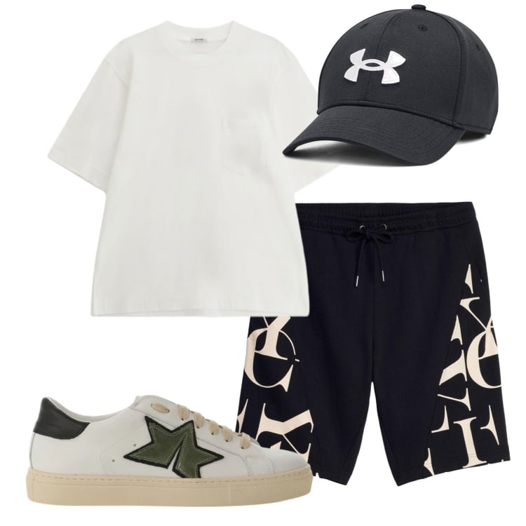 Outfit uomo - Total look #2414721. Stile Urban per Tutti i giorni. Abbinamento con bermuda, t-shirt, sneakers, cappelli con visiera.