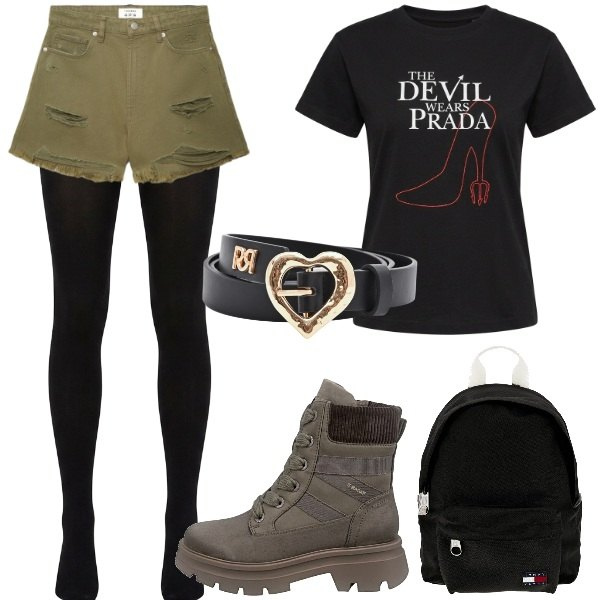 Outfit donna - Total look #2414723. Abbinamento con shorts, cinture, t-shirt, collant, anfibi, zaini.