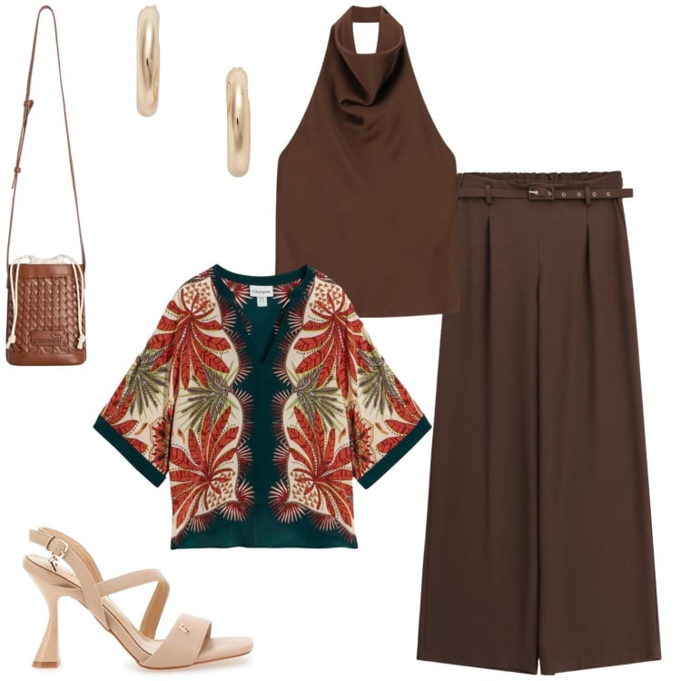 Outfit donna - Total look #2414724. Stile Chic per Serata fuori. Abbinamento con tuniche, pantaloni a palazzo, top, borse a secchiello, orecchini, sandali col tacco.