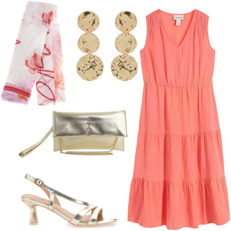 Outfit donna - Total look #2414727. Stile Chic per Cerimonia. Abbinamento con vestiti, borse a tracolla, orecchini, foulard, sandali in pelle.