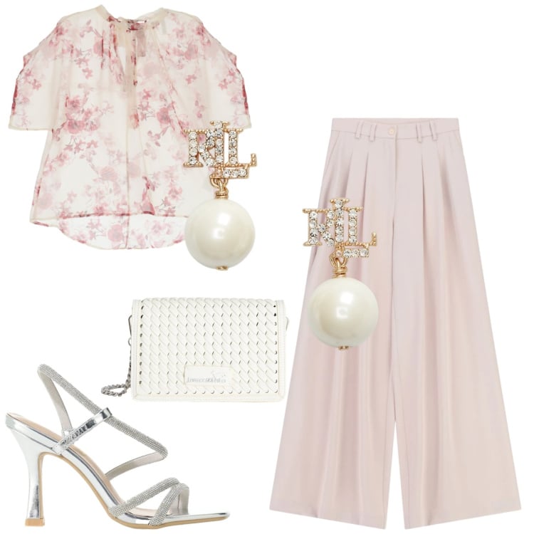 Outfit donna - Total look #2414729. Stile Chic per Cerimonia. Abbinamento con bluse, sandali col tacco, borse a tracolla, pantaloni a palazzo, orecchini.
