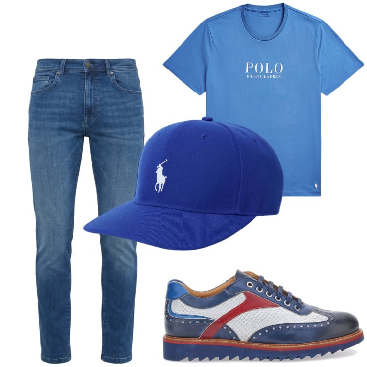 Outfit uomo - Total look #2414733. Stile Trendy per Tutti i giorni. Abbinamento con jeans slim fit, t-shirt, cappelli con visiera, scarpe stringate.