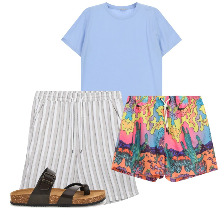 Outfit uomo - Mare a colori. Stile Casual per Tutti i giorni. Abbinamento con pantaloni corti, t-shirt, cinture, sandali.