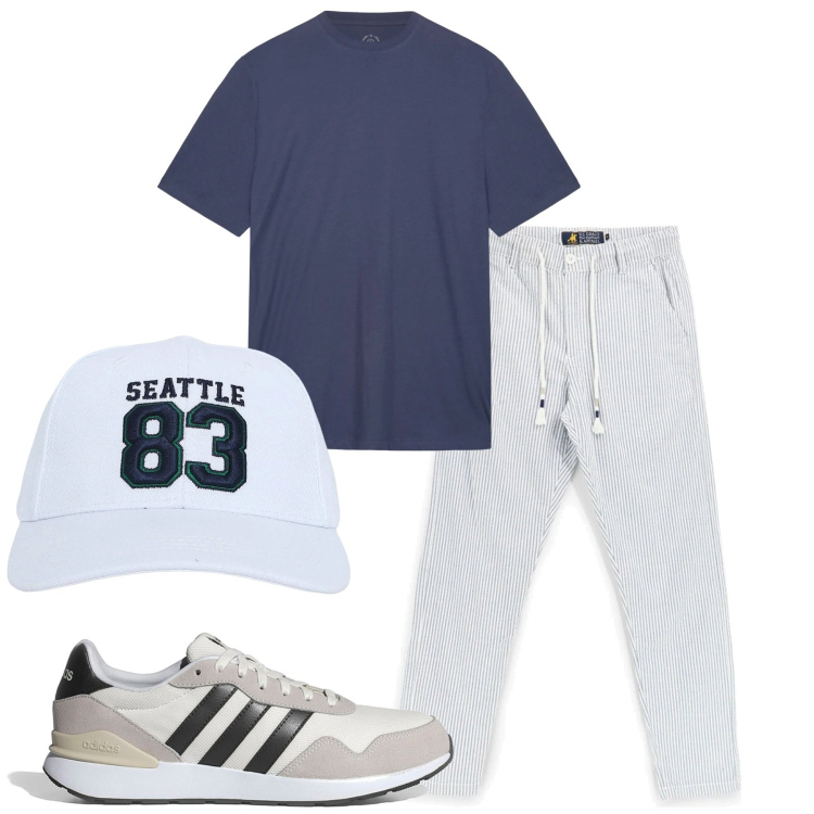 Outfit uomo - Alla partita. Stile Casual per Tutti i giorni. Abbinamento con cappelli, t-shirt, sneakers, pantaloni.