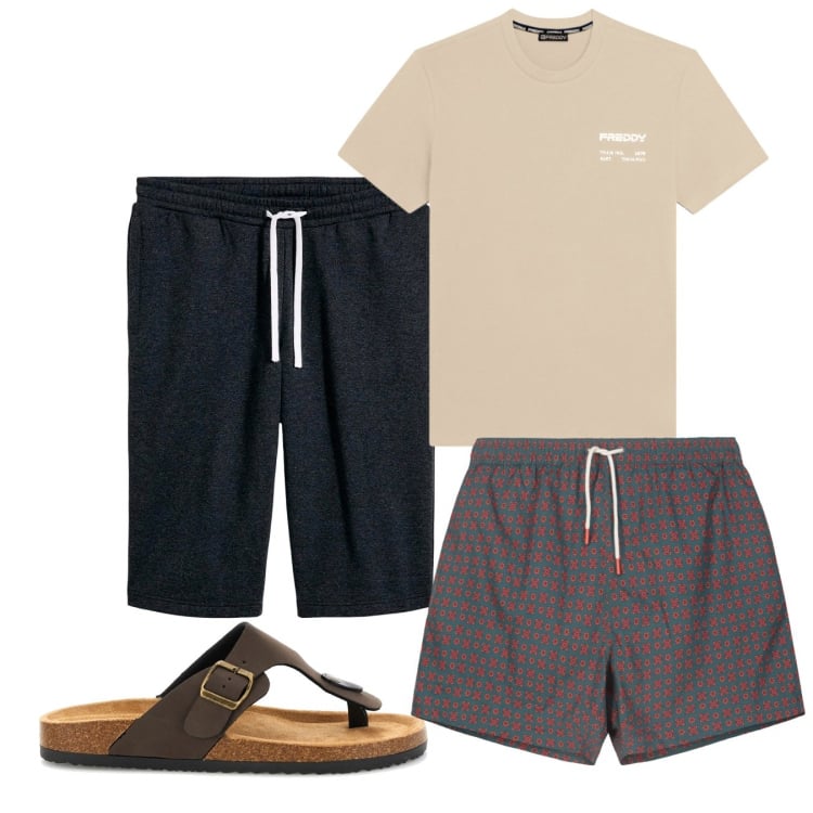 Outfit uomo - Bermuda neri. Stile Casual per Tutti i giorni. Abbinamento con bermuda, t-shirt, costumi, sandali.