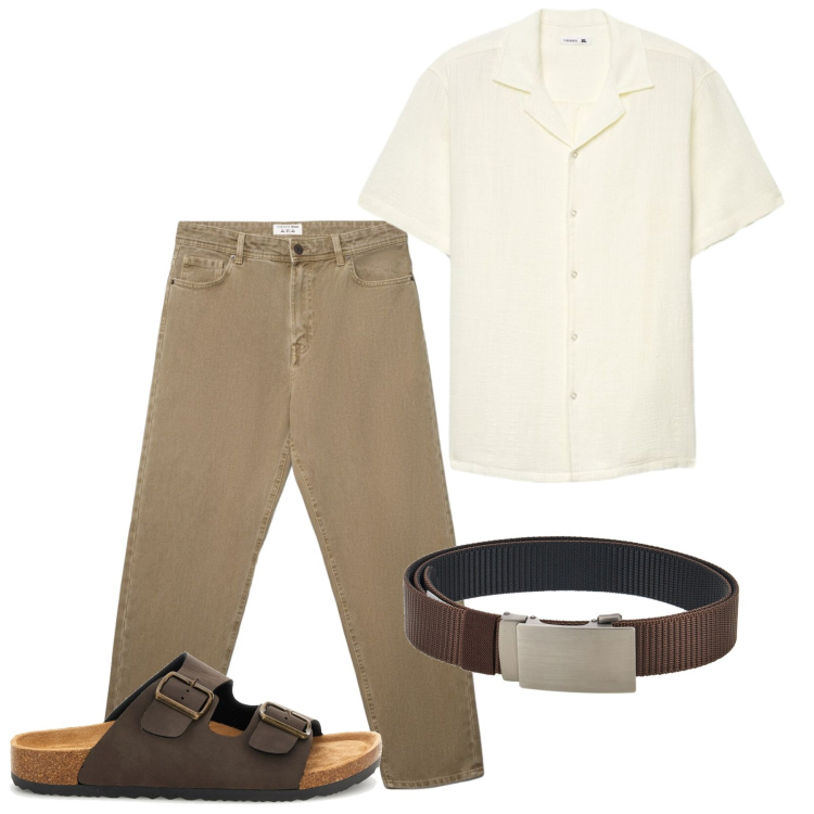 Outfit uomo - Weekend. Stile Casual per Tutti i giorni. Abbinamento con jeans, camicie a manica corta, cinture, sandali.