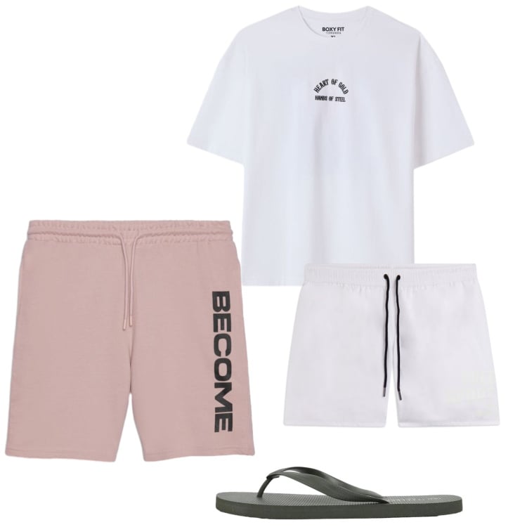 Outfit uomo - Tenue. Stile Casual per Mare. Abbinamento con bermuda, t-shirt, sandali, costumi.