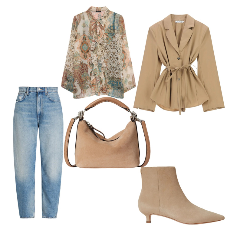 Outfit donna - Passeggiata romantica. Stile Casual chic per Tutti i giorni. Abbinamento con blazer, camicie, jeans, borse a spalla, stivaletti.
