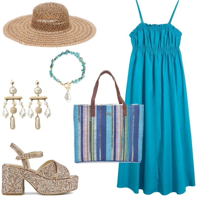 Outfit donna - Colori brillanti. Stile Casual chic per Tutti i giorni. Abbinamento con vestiti lunghi, braccialetti, orecchini, sandali, shopping bag, cappelli.