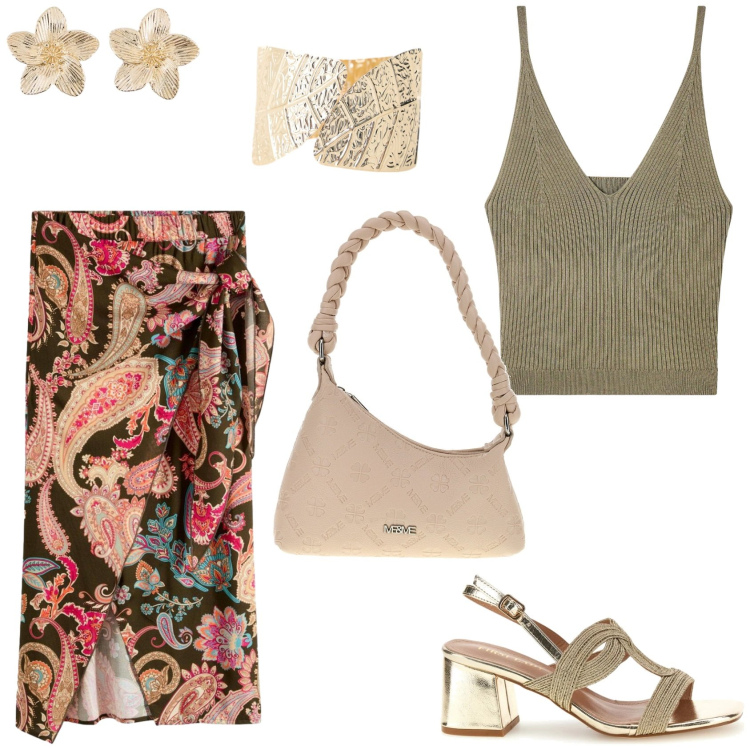 Outfit donna - In un pomeriggio d\'estate. Stile Casual chic per Tutti i giorni. Abbinamento con gonne longuette, orecchini, top, braccialetti, sandali col tacco, borse a spalla.