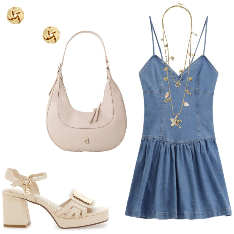 Outfit donna - Pomeriggio al mare. Stile Trendy per Tutti i giorni. Abbinamento con collane, vestiti corti, borse a tracolla, orecchini, sandali col tacco.
