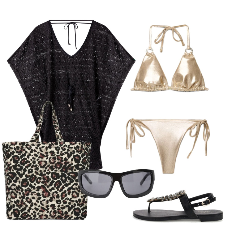 Outfit donna - Giugno. Stile Glamour per Mare. Abbinamento con vestiti da spiaggia, shopping bag, bikini, bikini, occhiali da sole, sandali gioiello.